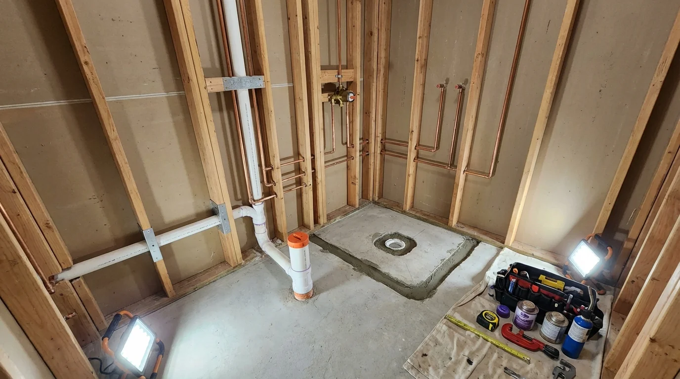 Bathroom rough-in plumbing during remodel by Johns Plumbing LLC in Pell City