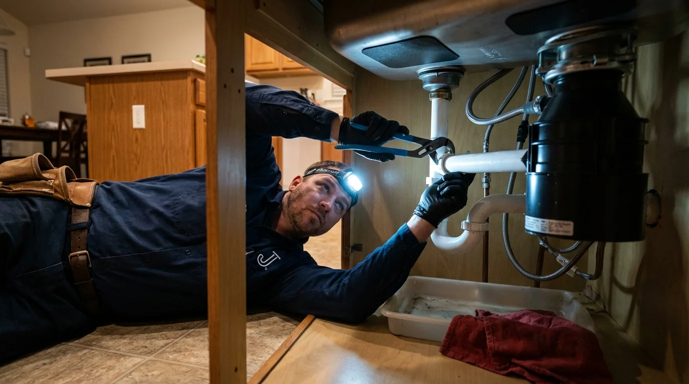 P-trap and supply line connections under a kitchen sink showing a common leak point in Pell City, AL